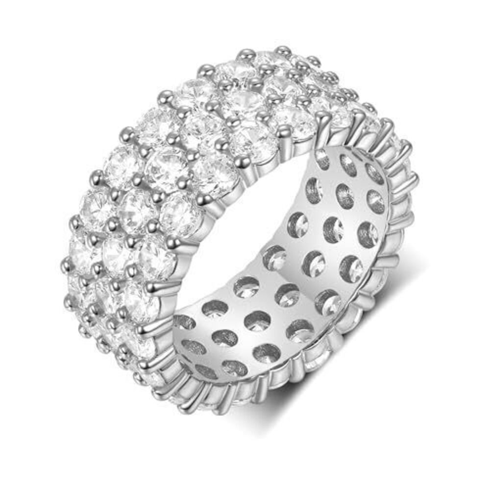 8776 18K White Gold Plated Round-Cut 3 Row Cubic Zirconia All-Around Band